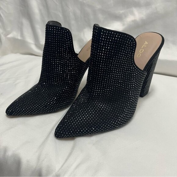 Aldo Rhinestone Crystal Embellished Mules Heels Black 7.5 - Picture 3 of 11